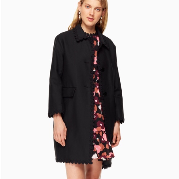 KATE SPADE Black Floral Lace Trim Checking In Coat